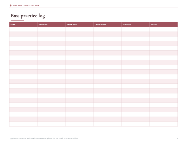 Preview of Printable Bass Practice Log