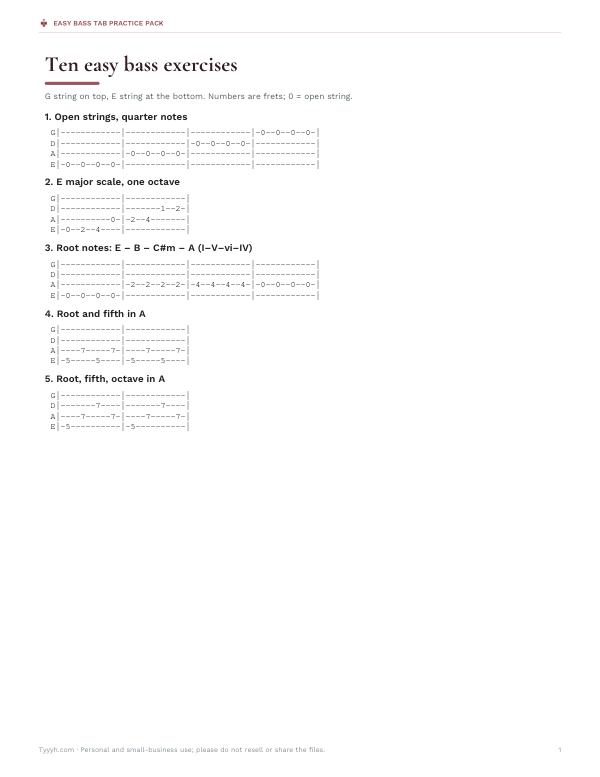 Preview of Printable Easy Bass Tab Exercises